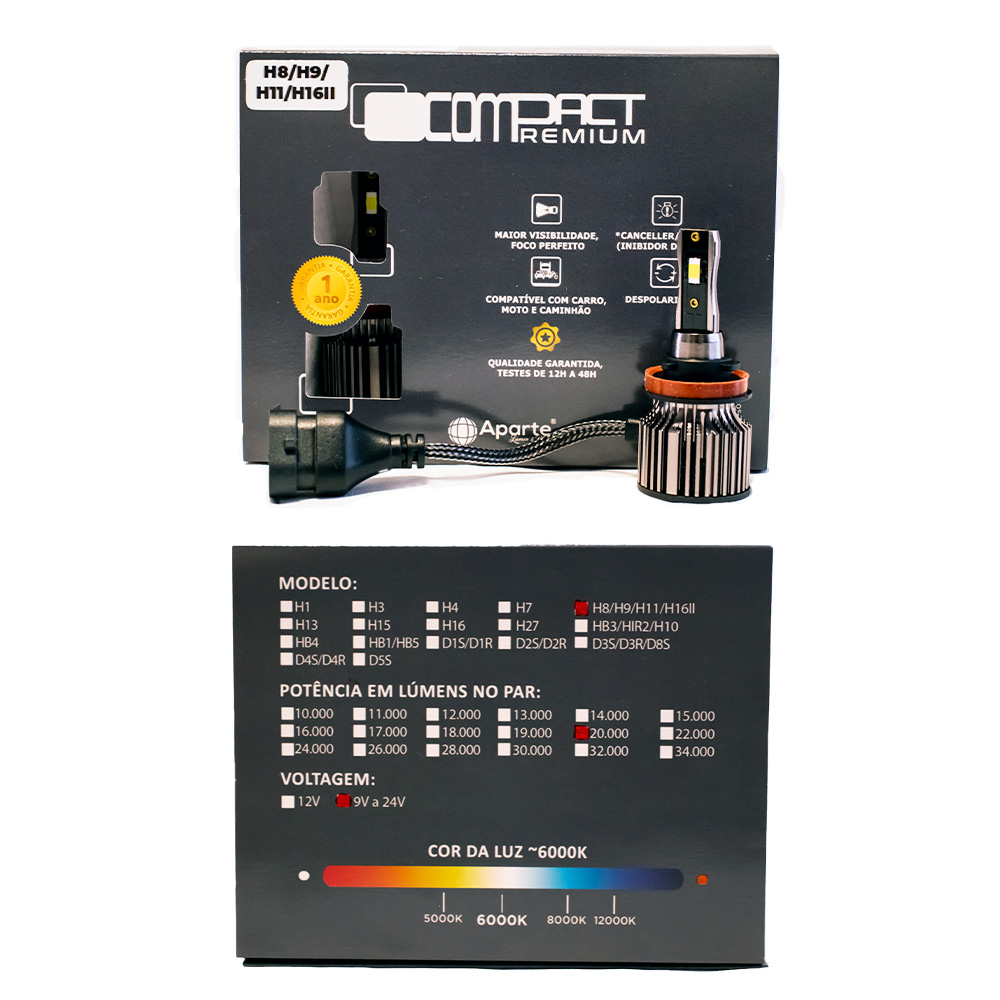 H8/h9/h11/h16-2 Led Compact Premium 20.000 Lumens 6000k(par) - Imagem 3